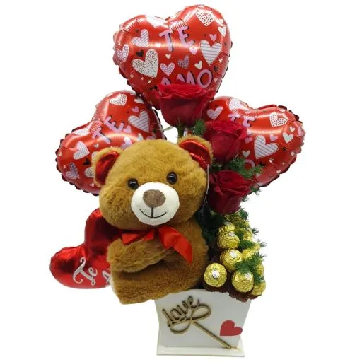 Arreglo flores rosas globos rocher y peluche lite